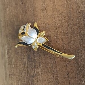 VINTAGE Gold Rose Painted Brooch